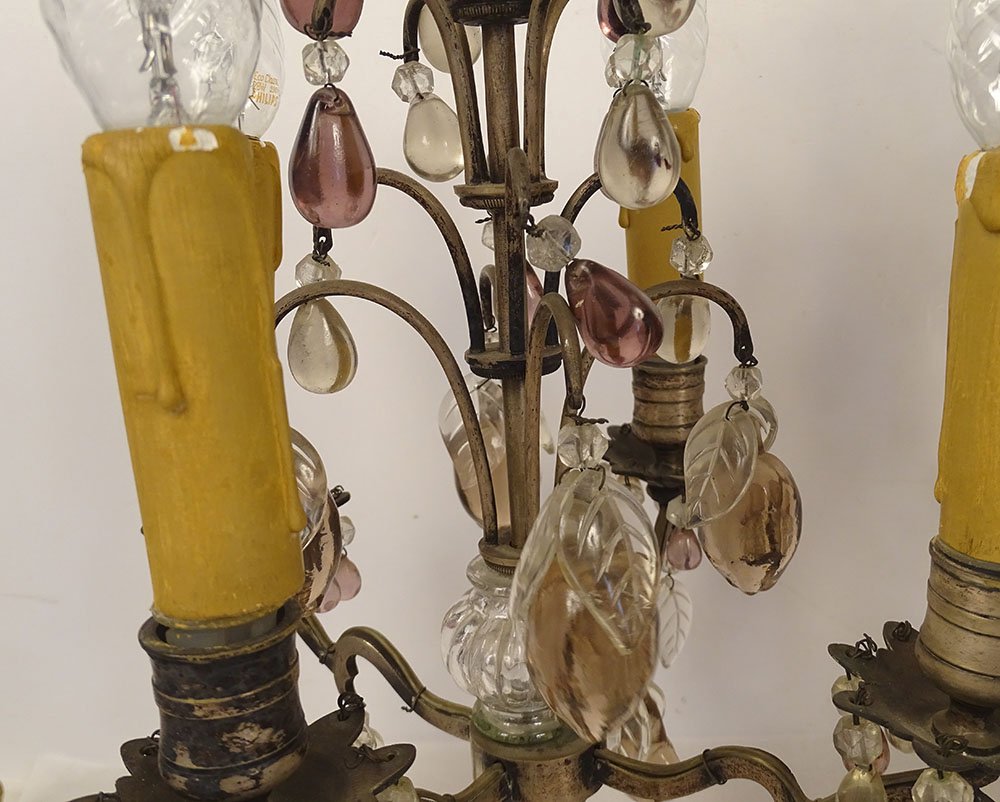 Pair Of 4-light Silver-plated Bronze Sconces With Fruit-colored Crystal Pendants, 19th Century-photo-3