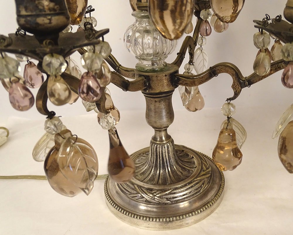 Pair Of 4-light Silver-plated Bronze Sconces With Fruit-colored Crystal Pendants, 19th Century-photo-4