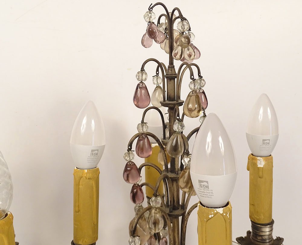 Pair Of 4-light Silver-plated Bronze Sconces With Fruit-colored Crystal Pendants, 19th Century-photo-1