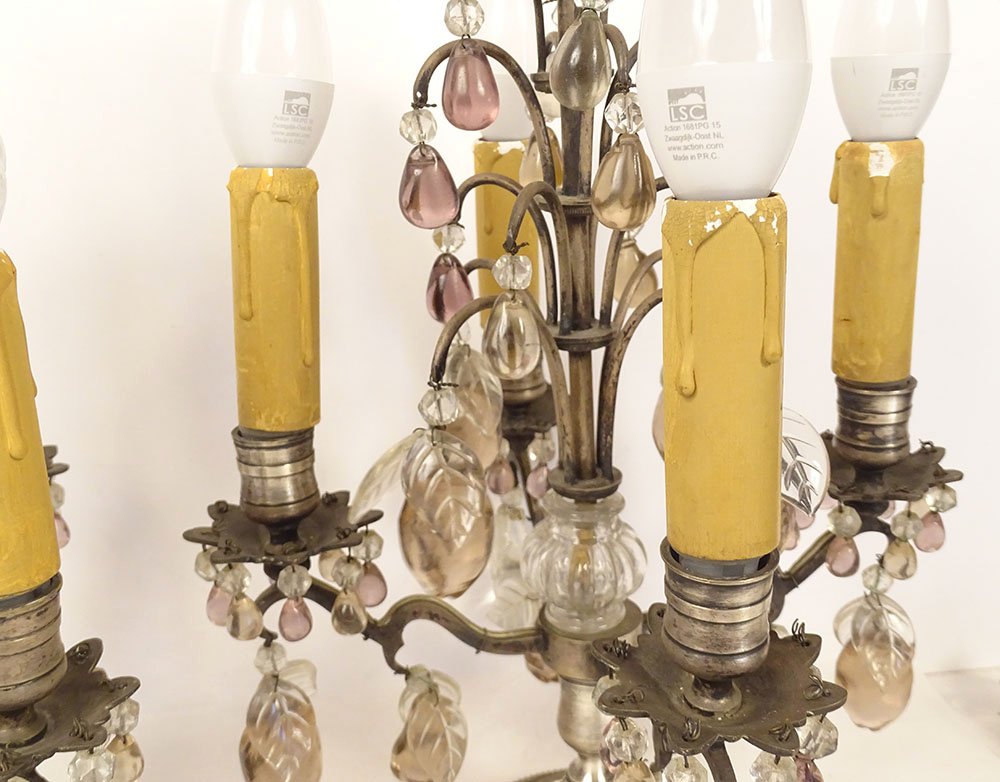 Pair Of 4-light Silver-plated Bronze Sconces With Fruit-colored Crystal Pendants, 19th Century-photo-2