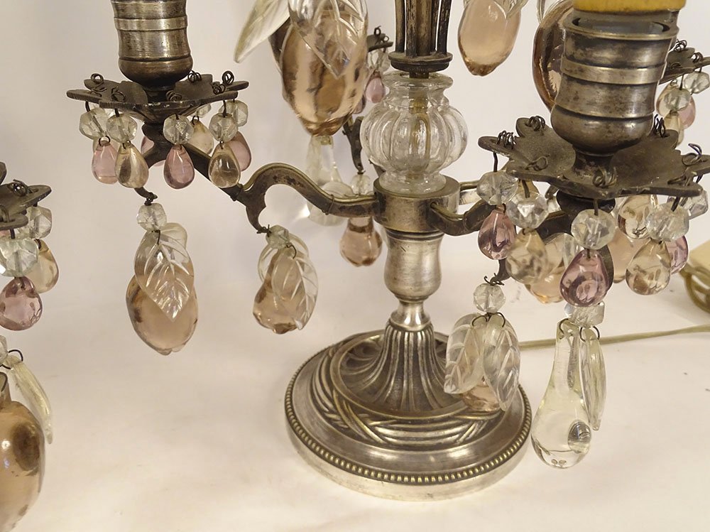 Pair Of 4-light Silver-plated Bronze Sconces With Fruit-colored Crystal Pendants, 19th Century-photo-3