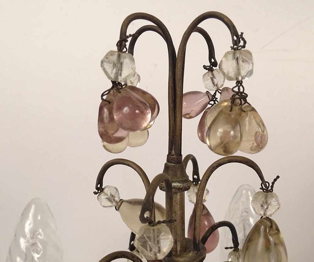 Pair Of 4-light Silver-plated Bronze Sconces With Fruit-colored Crystal Pendants, 19th Century-photo-4
