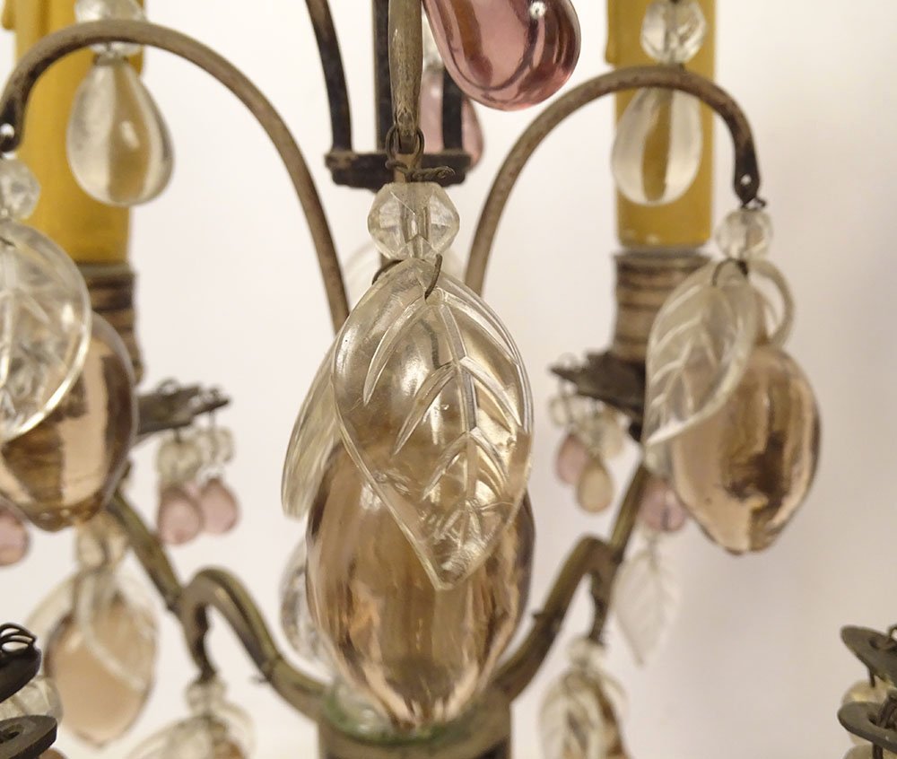 Pair Of 4-light Silver-plated Bronze Sconces With Fruit-colored Crystal Pendants, 19th Century-photo-5