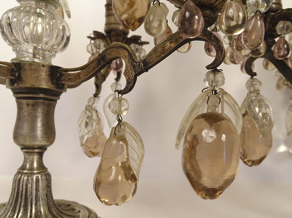 Pair Of 4-light Silver-plated Bronze Sconces With Fruit-colored Crystal Pendants, 19th Century-photo-6