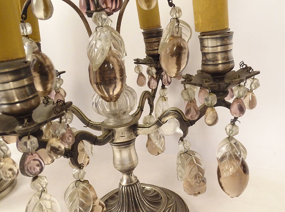 Pair Of 4-light Silver-plated Bronze Sconces With Fruit-colored Crystal Pendants, 19th Century-photo-8