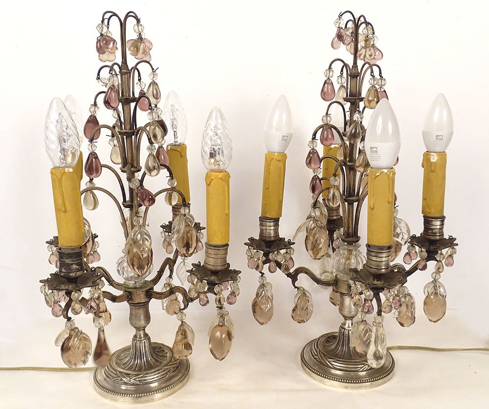 Pair Of 4-light Silver-plated Bronze Sconces With Fruit-colored Crystal Pendants, 19th Century