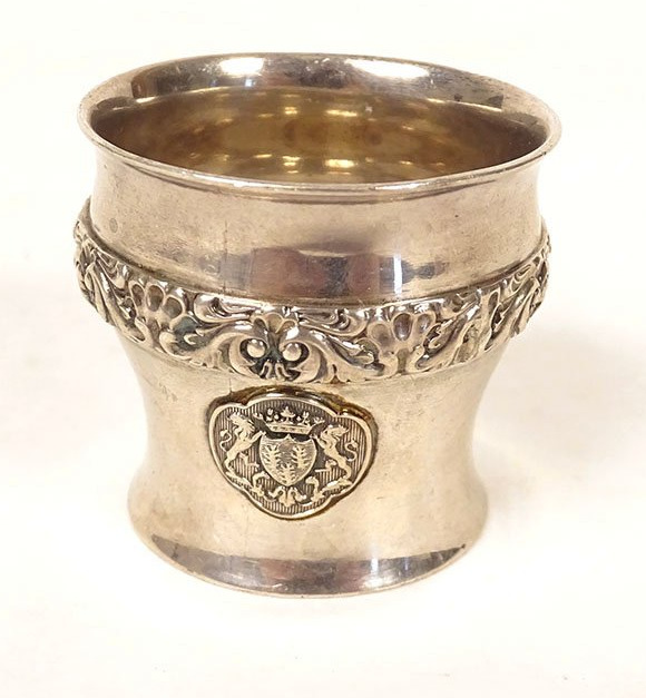 Solid Silver Egg Cup, Vieillard Paris, With Embossed Coat Of Arms Decoration, 19th Century