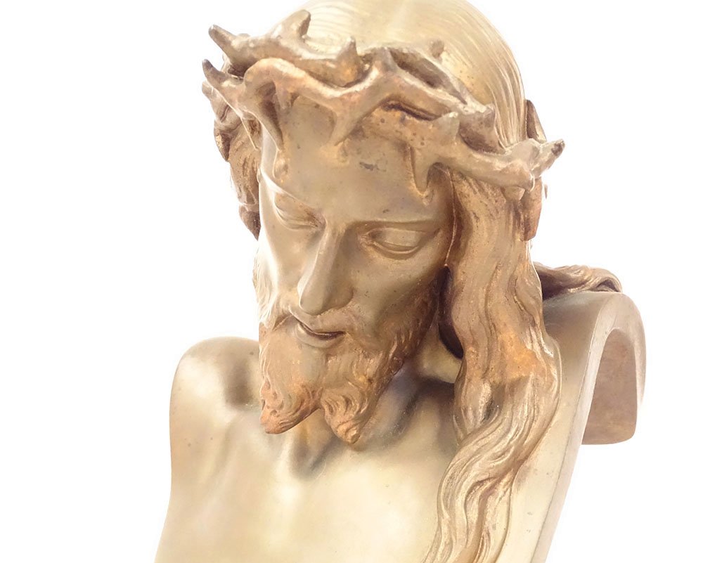 Sculpture bronze buste Christ épines Clésinger F. Barbedienne Collas XIXème-photo-1