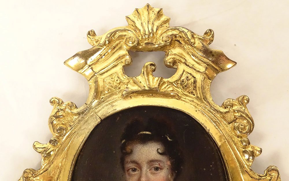 Miniature ovale portrait femme qualité cadre bronze rocaille Louis XV 18è-photo-2