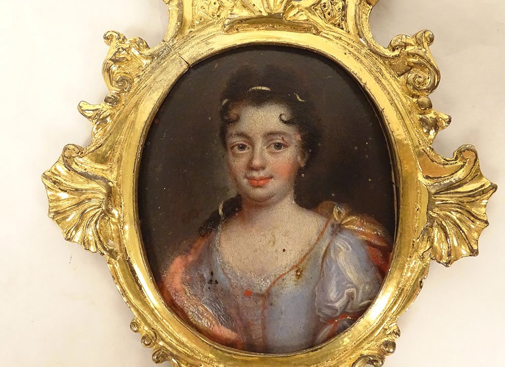 Miniature ovale portrait femme qualité cadre bronze rocaille Louis XV 18è-photo-3