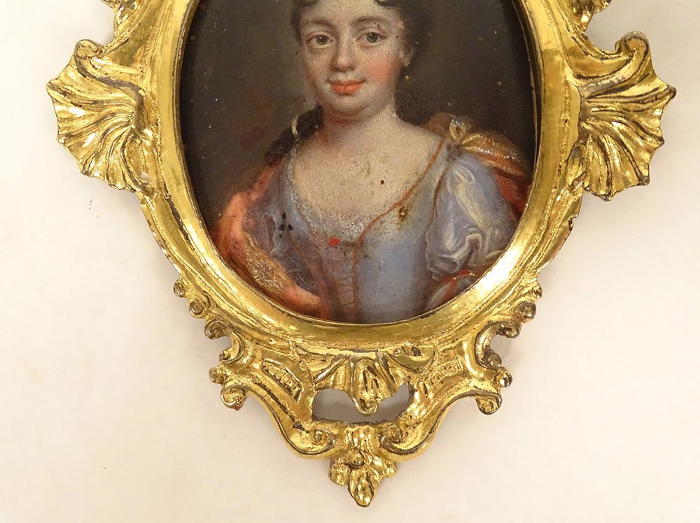 Miniature ovale portrait femme qualité cadre bronze rocaille Louis XV 18è-photo-4