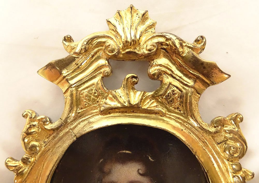 Miniature ovale portrait femme qualité cadre bronze rocaille Louis XV 18è-photo-1