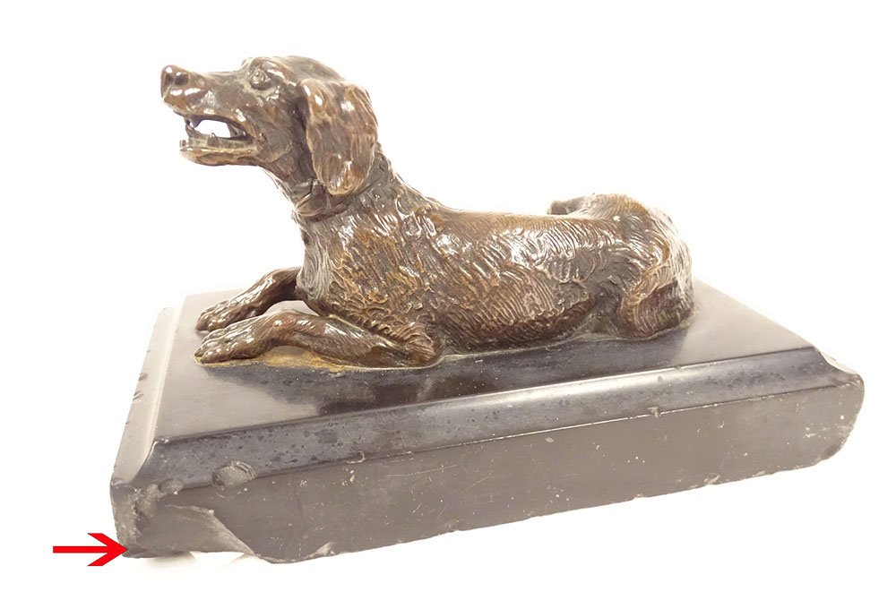 Presse-papier sculpture bronze chien chasse couché marbre noir XIXè siècle-photo-2