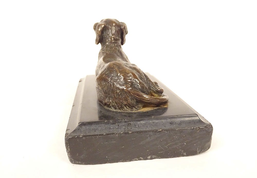 Presse-papier sculpture bronze chien chasse couché marbre noir XIXè siècle-photo-4