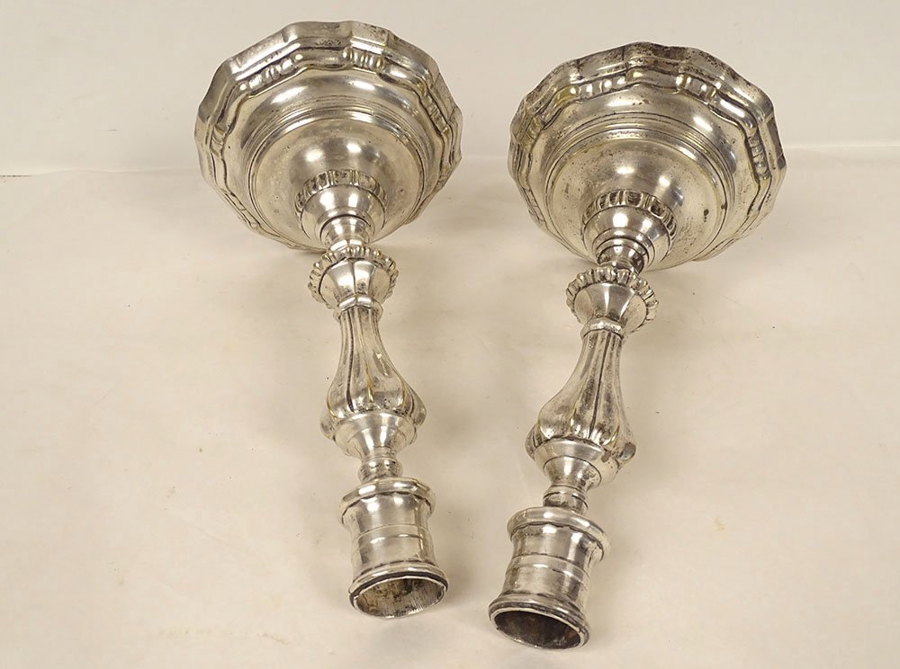 Pair Of Regency-style Candlesticks In Silver-plated Metal, Crafted By A Silversmith In The Early 20th Century-photo-6