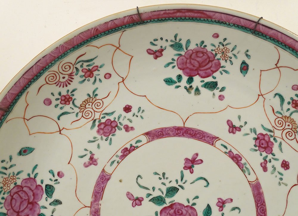 Large Round Porcelain Dish, Compagnie Indes, Famille Rose, China, Floral Design, 18th Century-photo-3