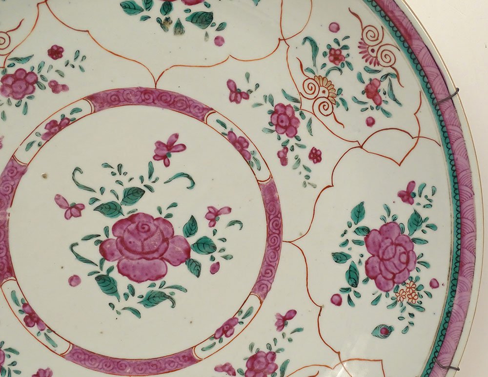 Large Round Porcelain Dish, Compagnie Indes, Famille Rose, China, Floral Design, 18th Century-photo-4