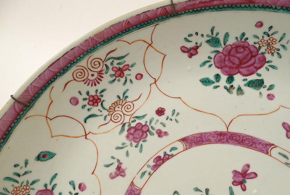 Large Round Porcelain Dish, Compagnie Indes, Famille Rose, China, Floral Design, 18th Century-photo-3