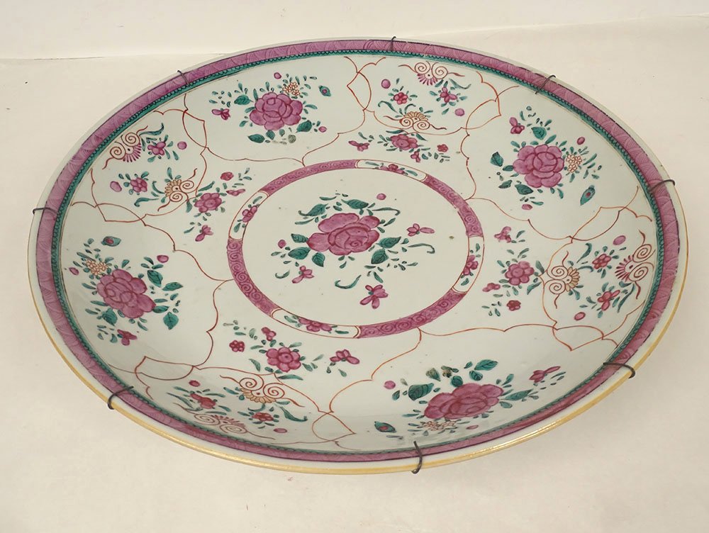 Large Round Porcelain Dish, Compagnie Indes, Famille Rose, China, Floral Design, 18th Century-photo-6