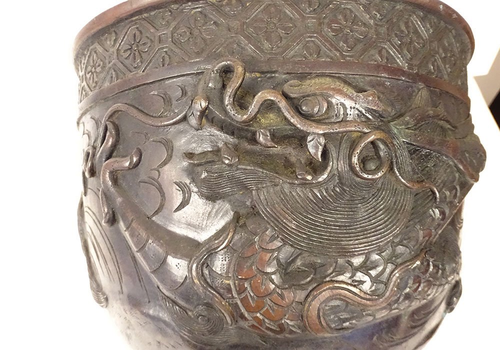 Large Bronze Dragon-patterned Taotie Planter Pot, Nomura, Kyoto, Japan, Meiji Period, 19th Century-photo-2