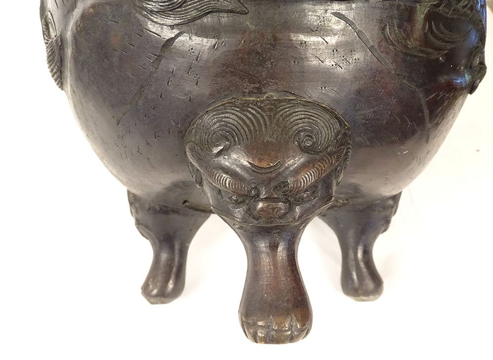 Large Bronze Dragon-patterned Taotie Planter Pot, Nomura, Kyoto, Japan, Meiji Period, 19th Century-photo-3