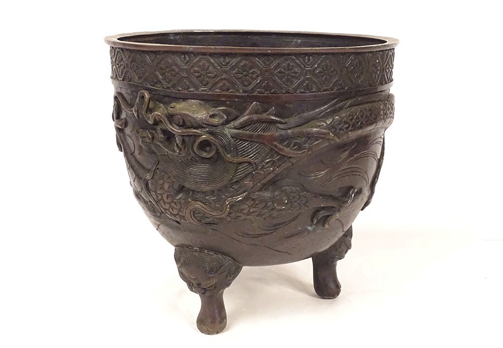 Large Bronze Dragon-patterned Taotie Planter Pot, Nomura, Kyoto, Japan, Meiji Period, 19th Century-photo-4