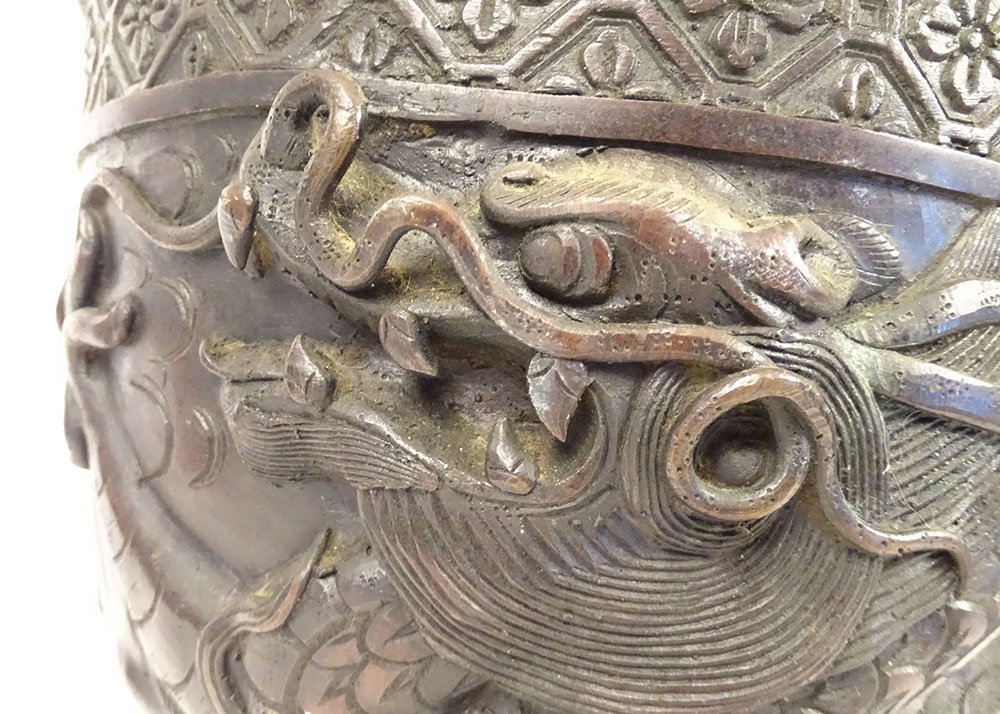 Large Bronze Dragon-patterned Taotie Planter Pot, Nomura, Kyoto, Japan, Meiji Period, 19th Century-photo-6