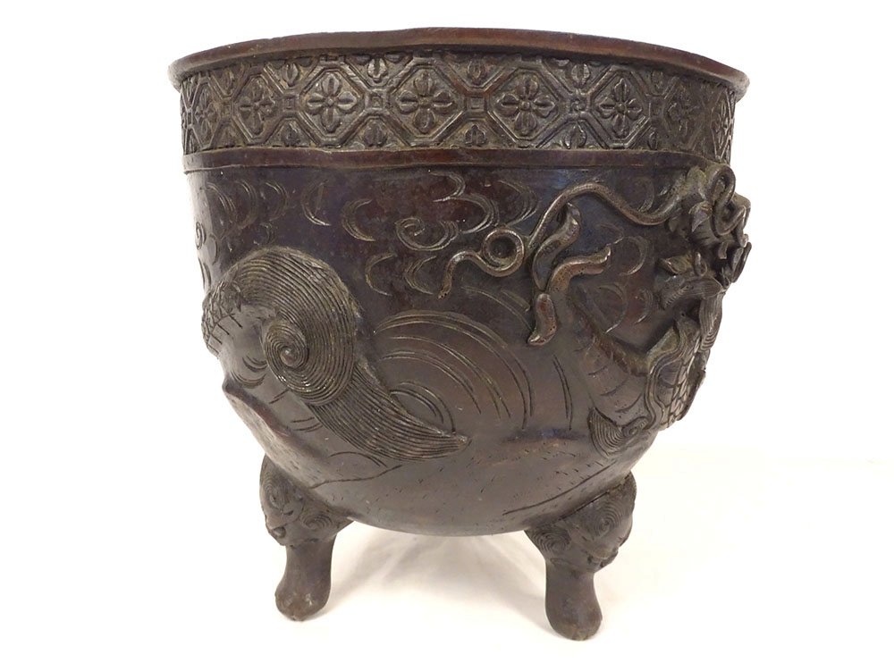 Large Bronze Dragon-patterned Taotie Planter Pot, Nomura, Kyoto, Japan, Meiji Period, 19th Century-photo-7