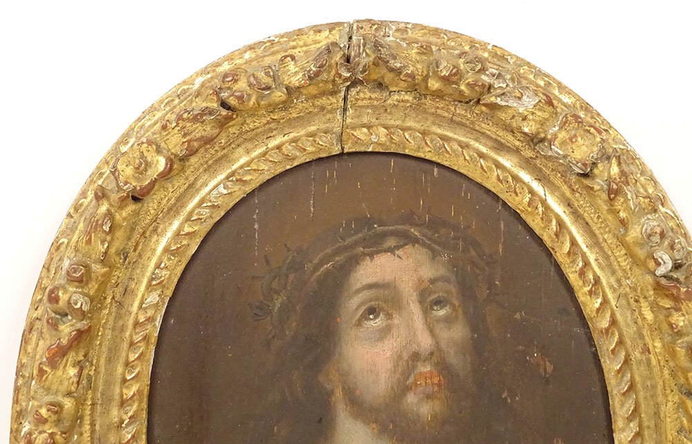 HSP ovale portrait Christ couronne épines Ecce Homo cadre sculpté XVIIème-photo-3