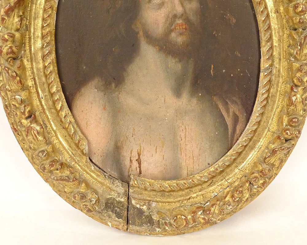 HSP ovale portrait Christ couronne épines Ecce Homo cadre sculpté XVIIème-photo-4