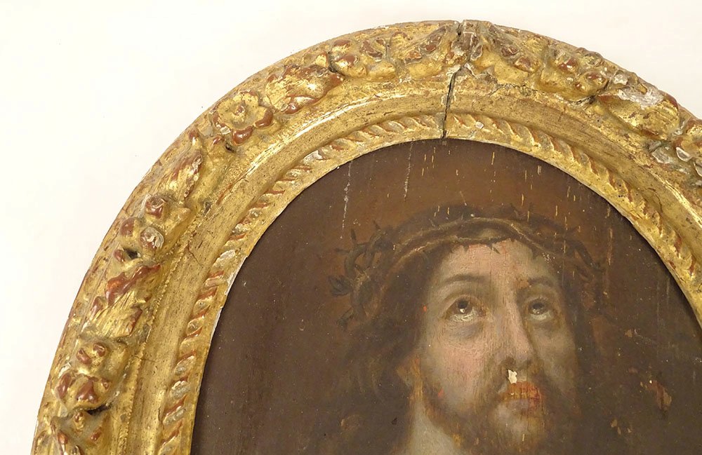 HSP ovale portrait Christ couronne épines Ecce Homo cadre sculpté XVIIème-photo-3