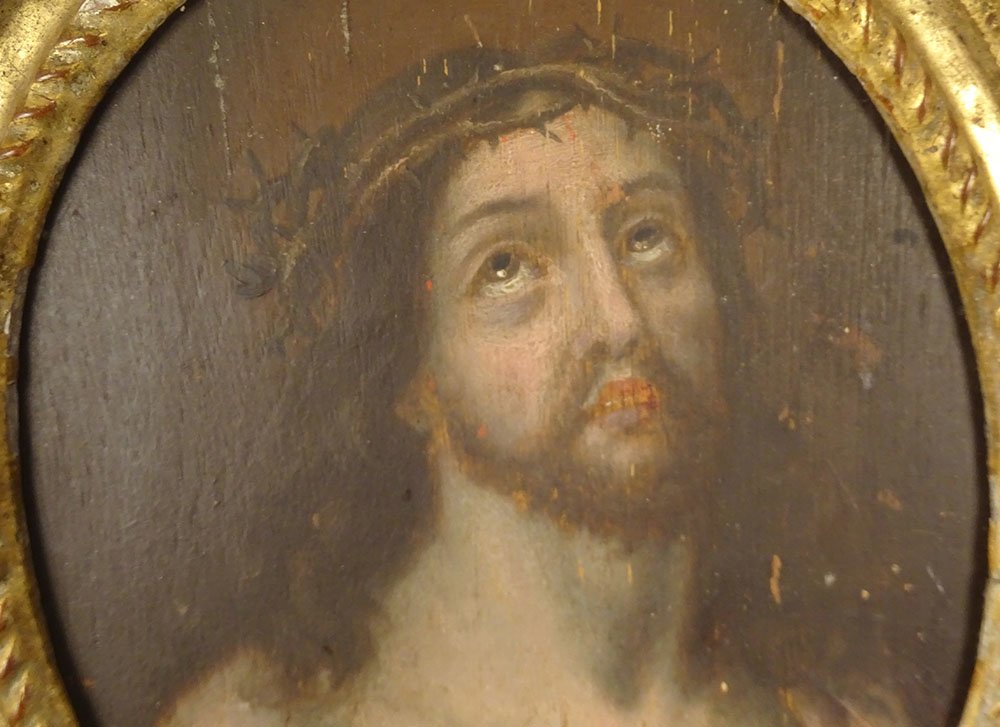 HSP ovale portrait Christ couronne épines Ecce Homo cadre sculpté XVIIème-photo-6