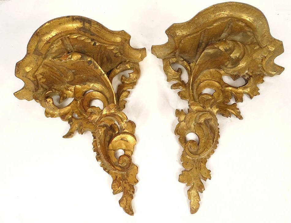 Paire consoles d'applique murales italiennes bois sculpté doré XXème siècle