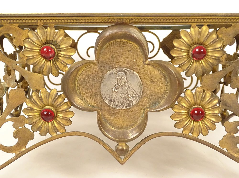 Thabor porte ostensoir bronze laiton doré Christ Sacré-Coeur fleurs XIXème-photo-3