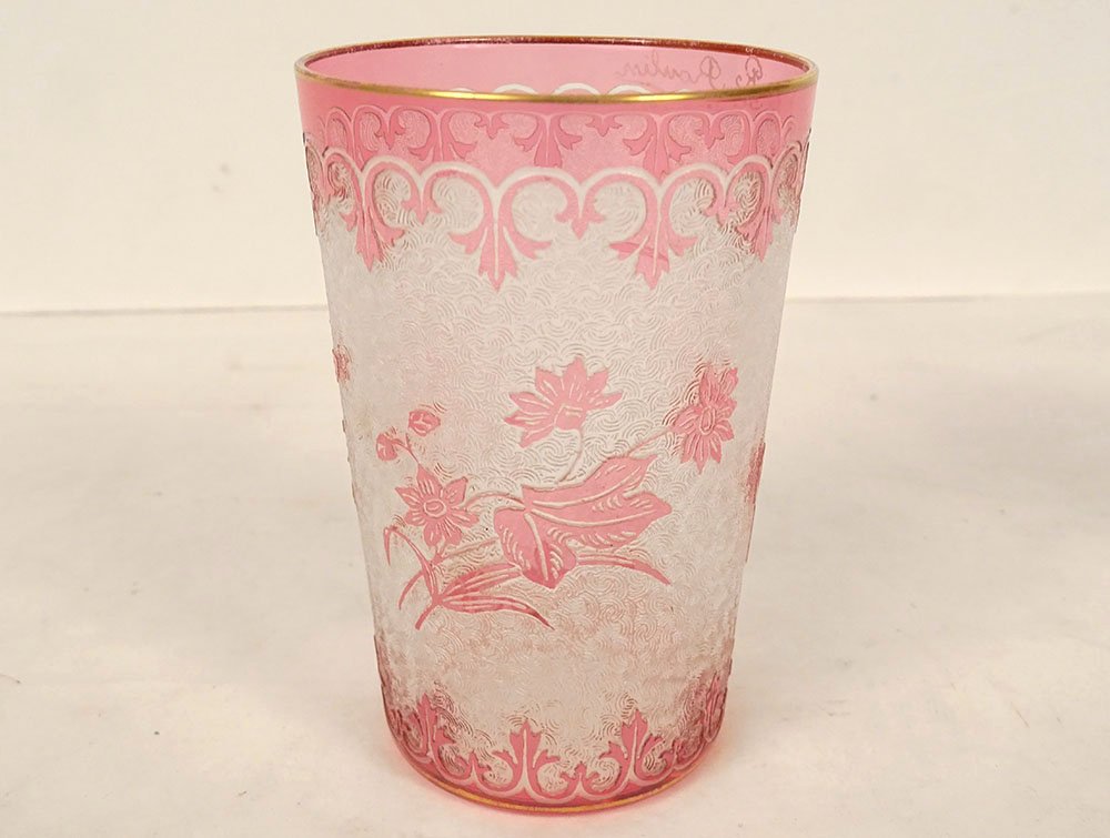 Pair Of Saint-louis Frosted Crystal Tea Cups With Art Nouveau Floral Motifs, Late 19th Century-photo-4