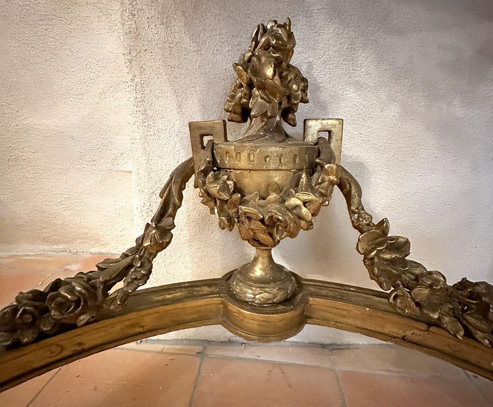 Console demi-lune Louis XVI bois doré armoiries blason fleurs marbre XIXème-photo-3