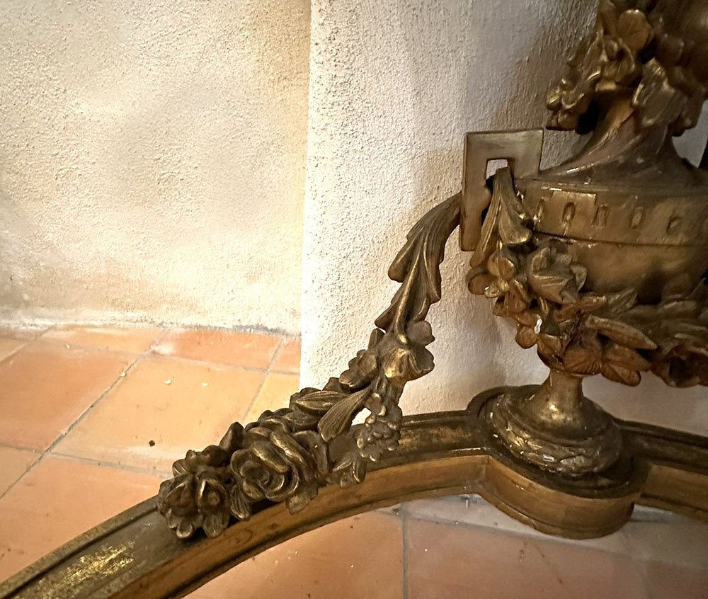 Console demi-lune Louis XVI bois doré armoiries blason fleurs marbre XIXème-photo-4