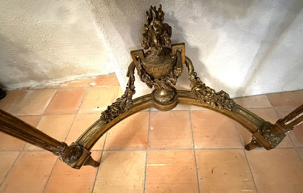 Console demi-lune Louis XVI bois doré armoiries blason fleurs marbre XIXème-photo-1