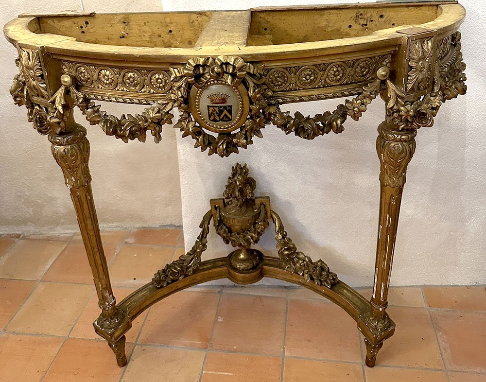 Console demi-lune Louis XVI bois doré armoiries blason fleurs marbre XIXème-photo-4