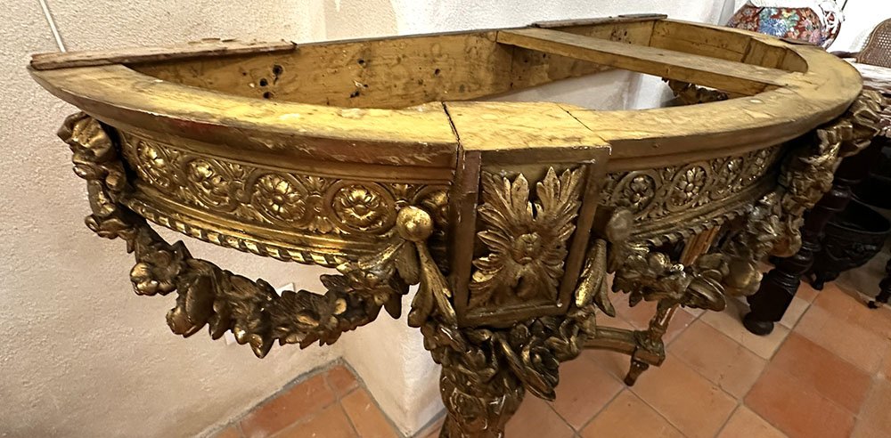 Console demi-lune Louis XVI bois doré armoiries blason fleurs marbre XIXème-photo-7