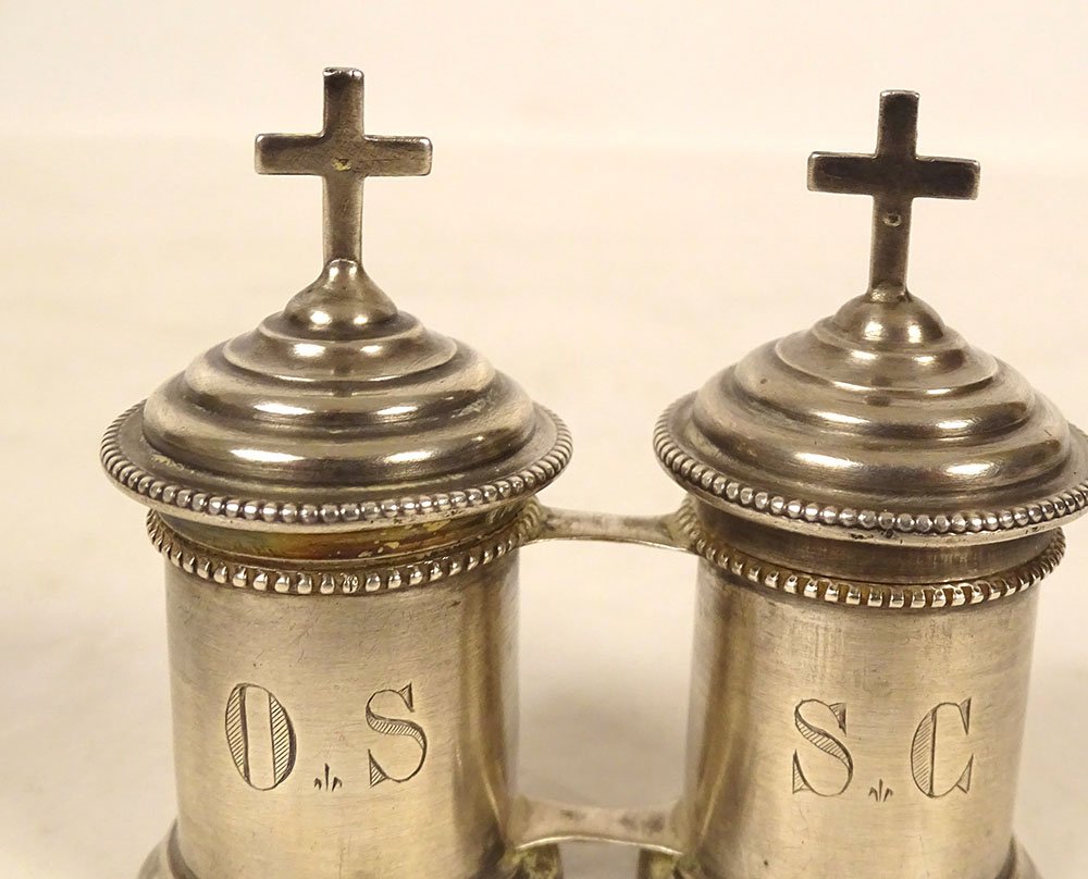 Paire ampoules huile sainte catéchumène Chrême argent massif Demarquet XIXè-photo-3