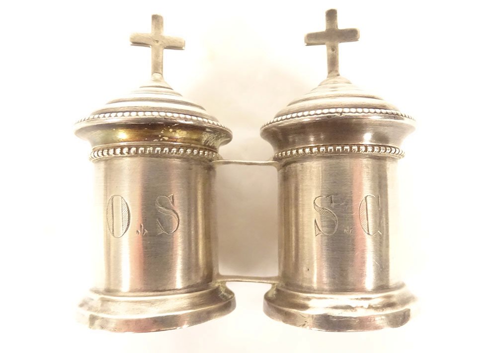 Paire ampoules huile sainte catéchumène Chrême argent massif Demarquet XIXè-photo-4