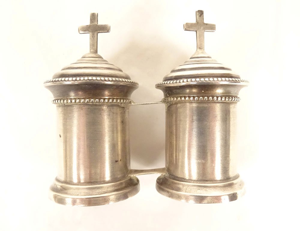 Paire ampoules huile sainte catéchumène Chrême argent massif Demarquet XIXè-photo-5