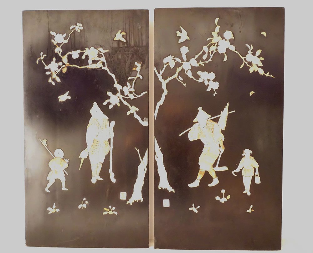Paire panneaux bois laqué marqueterie Shibayama personnages Japon Meiji 19è-photo-2