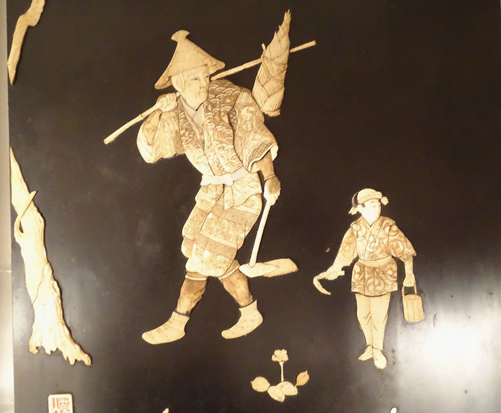 Paire panneaux bois laqué marqueterie Shibayama personnages Japon Meiji 19è-photo-3