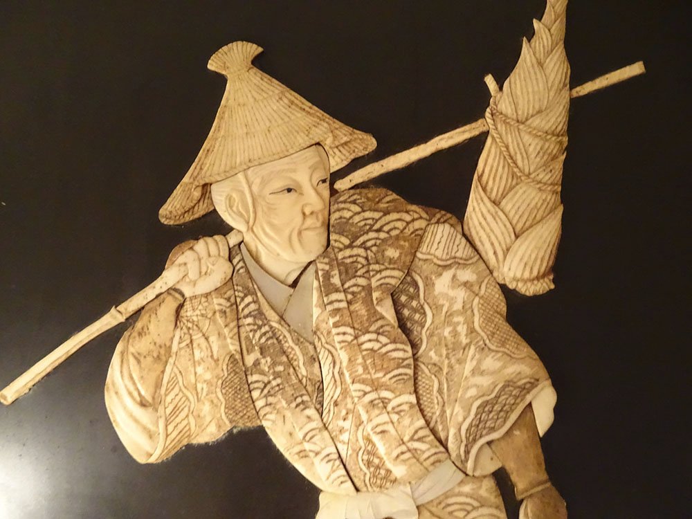 Paire panneaux bois laqué marqueterie Shibayama personnages Japon Meiji 19è-photo-4