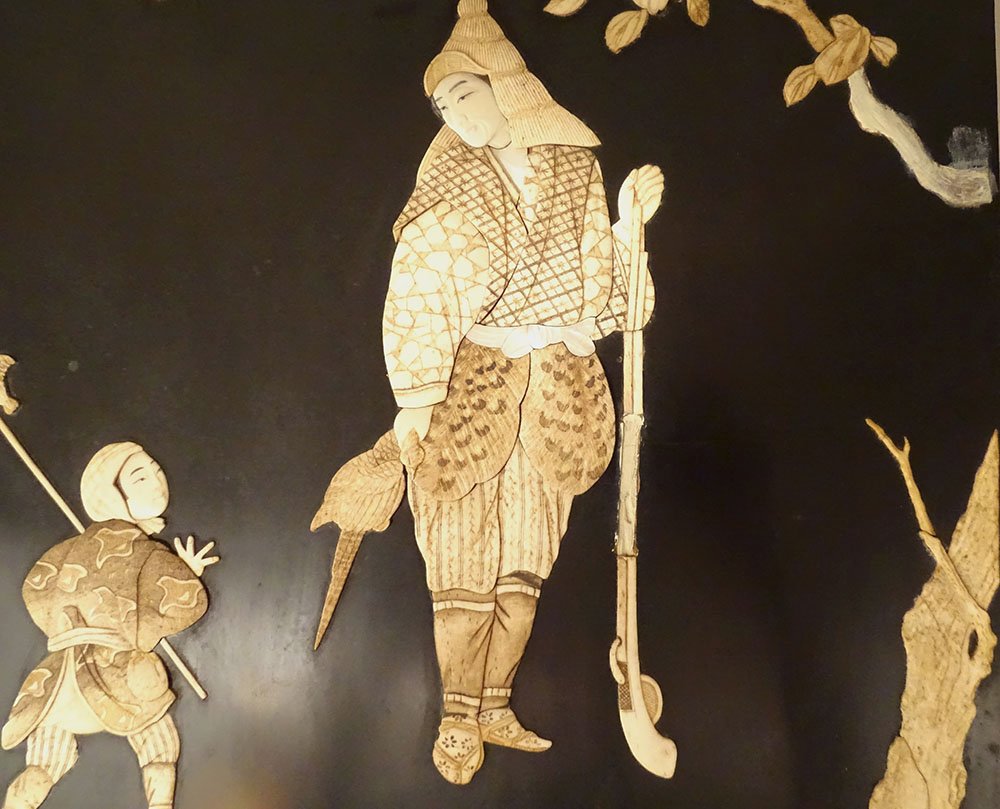 Paire panneaux bois laqué marqueterie Shibayama personnages Japon Meiji 19è-photo-4