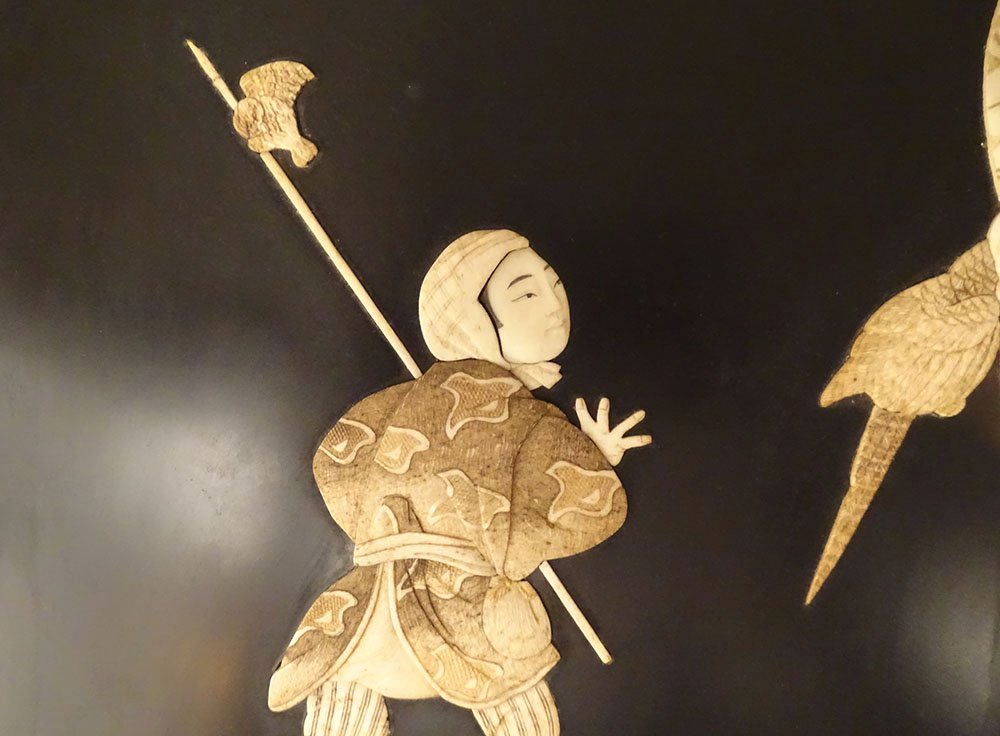 Paire panneaux bois laqué marqueterie Shibayama personnages Japon Meiji 19è-photo-5
