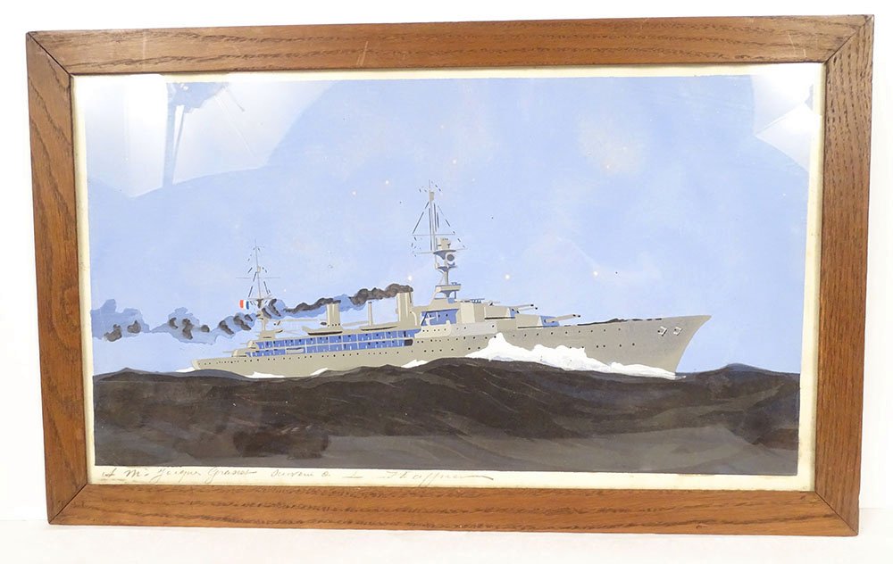 Gouache By Léon Haffner: French Frigate And Training Cruiser Jeanne d'Arc, 20th Century
