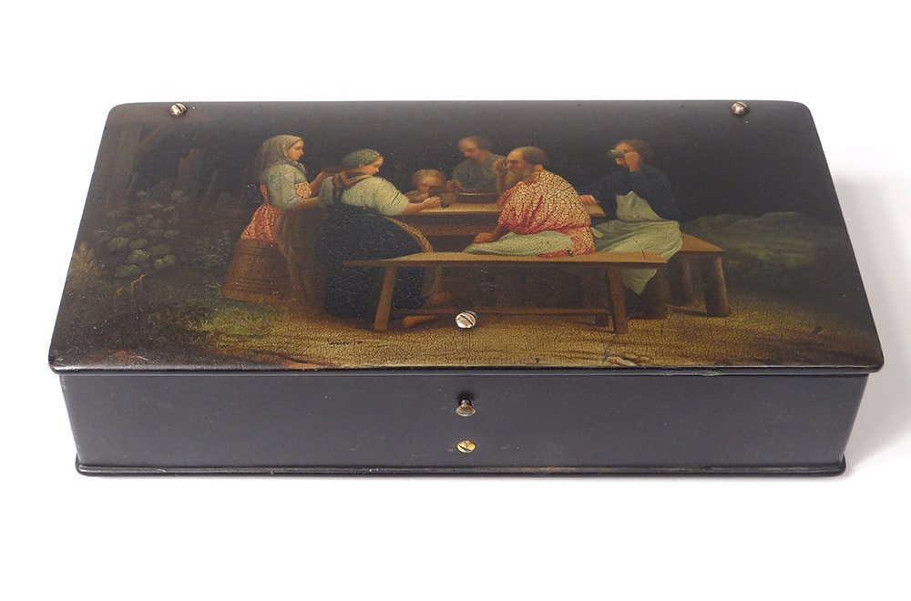 Boîte coffret russe bois laqué Lukutin personnages table paysage XIXème-photo-2
